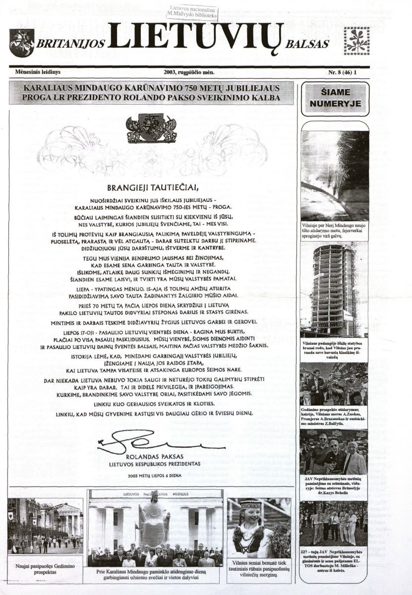 Front page of the <em>British Lithuanian Voice</em>, No. 8, August, 2003