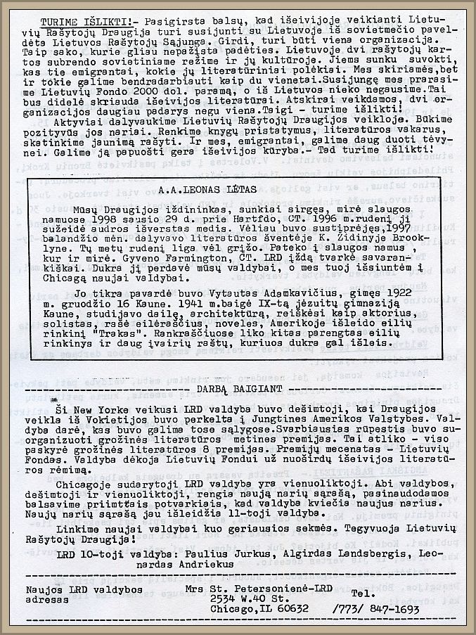 Excerpt from the final issue of the bulletin published by the Jurkus board (no. 3, April 1, 1998).