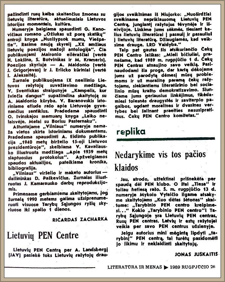 The LWA’s greeting to the Lithuanian Writers’ Union, published in Lithuania’s newspaper “Literatūra ir menas“ (Literature and the Arts) in August of 1989. 