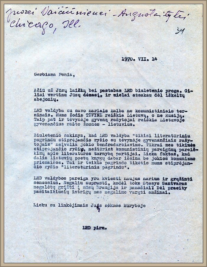 Andriekus’ reply to Vaičiūnienė-Augustaitytė’s criticism regarding the ties with Lithuania, July 14, 1970. 