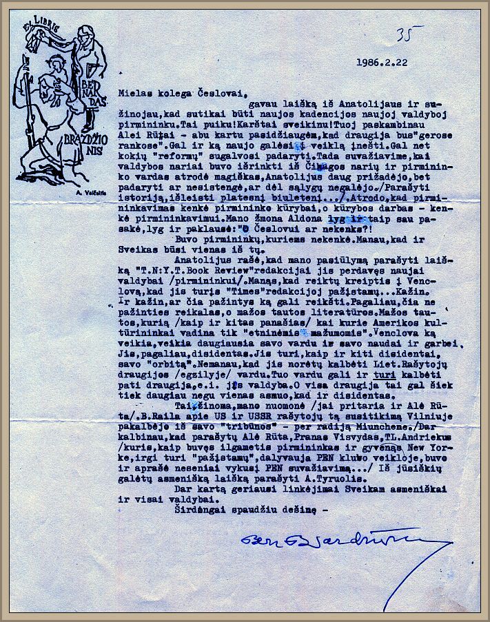 Letter from Brazdžionis to the new LWA chairman, 22 February, 1986.