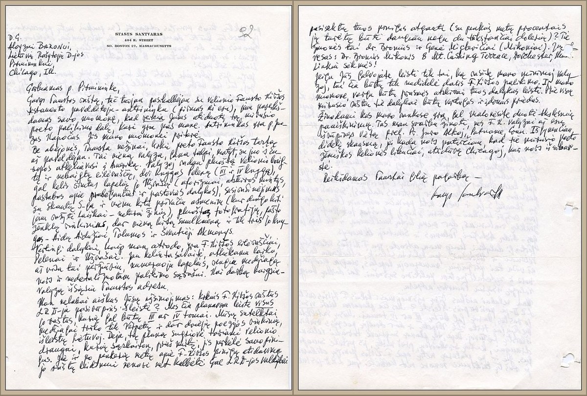 Letter by Stasys Santvaras, regarding Kirša’s legacy and a planned publication of his works (no date mentioned). 