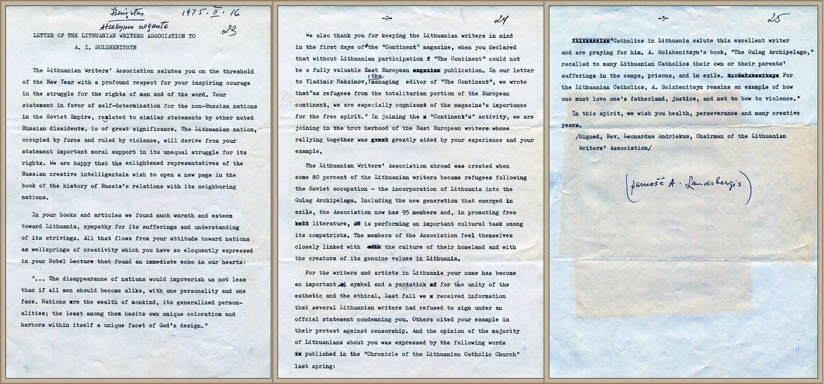 Letter to the writer Aleksandr I. Solzhenitsyn, February 16, 1975. 