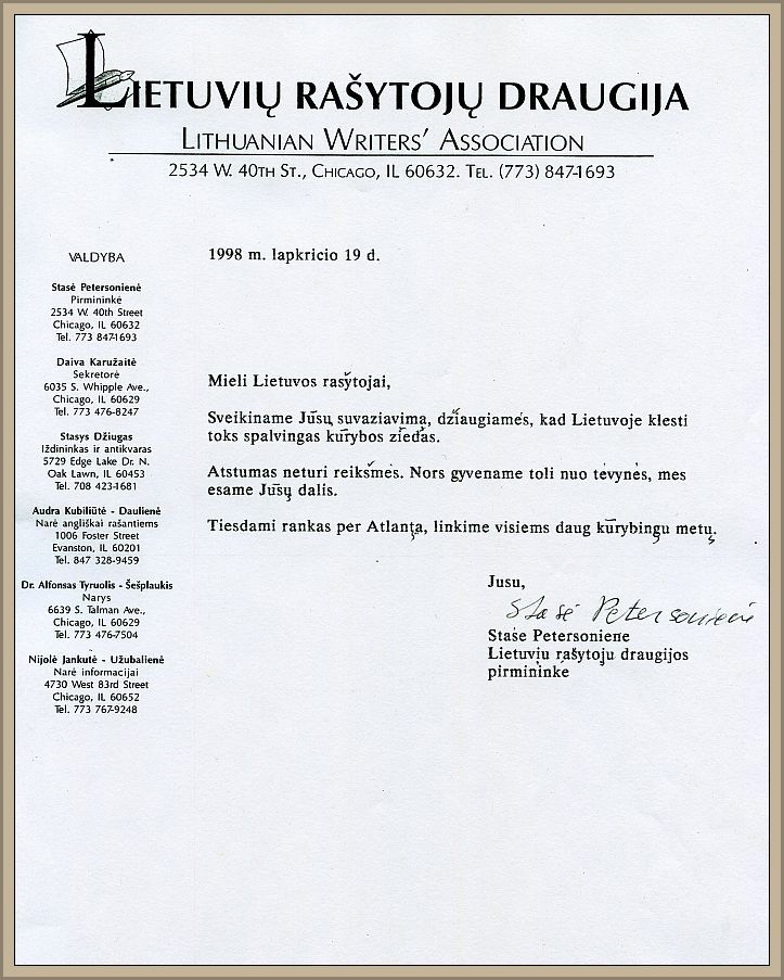 Greetings from LWA president Petersonienė to the Lithuanian Writers’ Union, November 19, 1998.