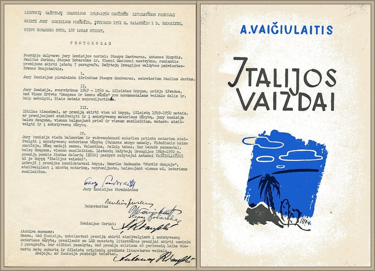 Minutes of the meeting of the literary awards jury, held April 1, 1951. <br />
The literary award of 1945-1950 was presented to Vaičiulaitis for his book Italijos vaizdai (Italian Pictures) (Stuttgart: Venta, 1949).<br />
