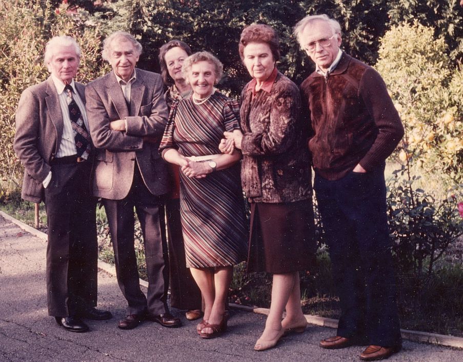 From left: Edmundas Arbas, Bernardas Brazdžionis, Česlovas Grincevičius (a visitor from Chicago), Alė Rūta, Aldona Brazdžionienė, Bronė Kojelienė, and Juozas Kojelis, California (no date mentioned).