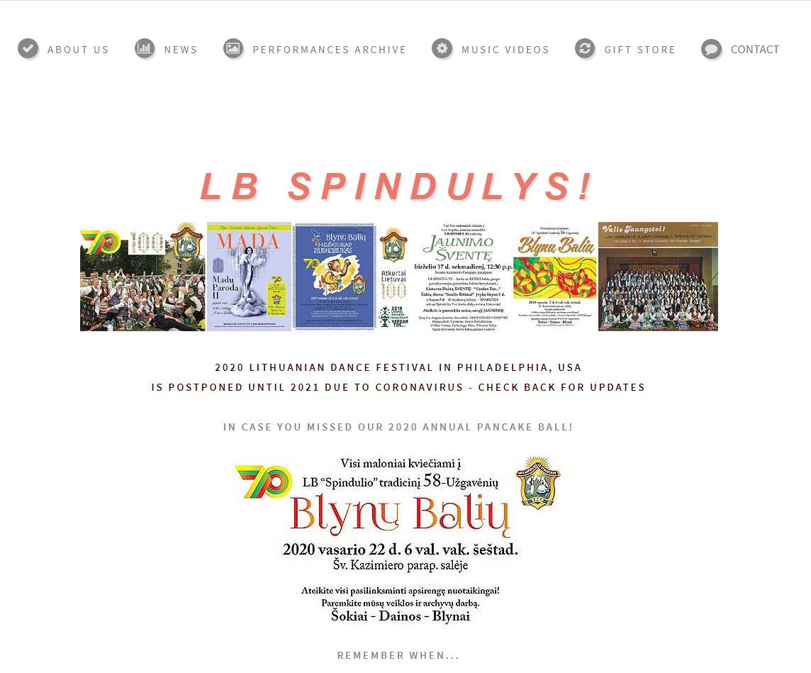 Home page of the Los Angeles Lithuanian Folk Dance Ensemble “LB Spindulys” website, 2020 