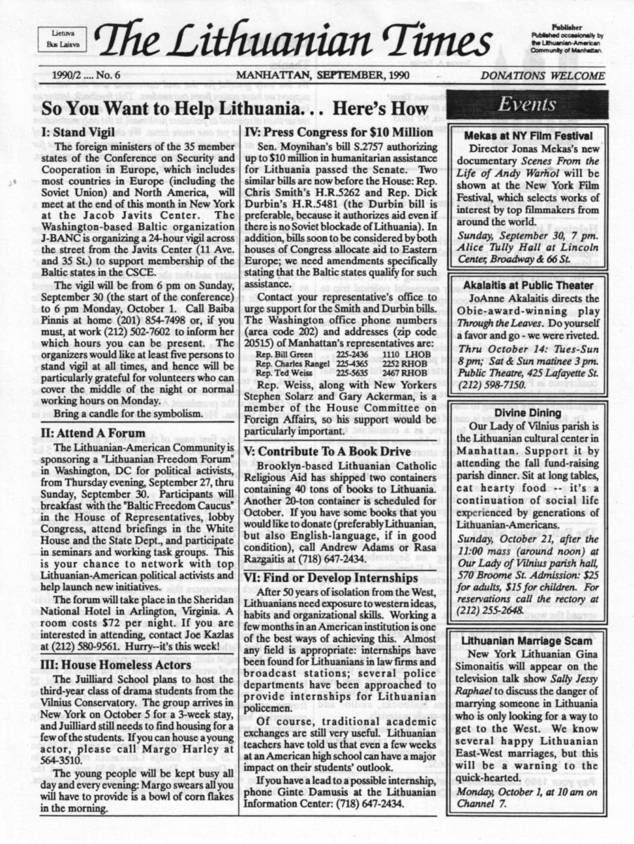 First page of <em>The Lithuanian Times</em>, No. 6, September, 1990