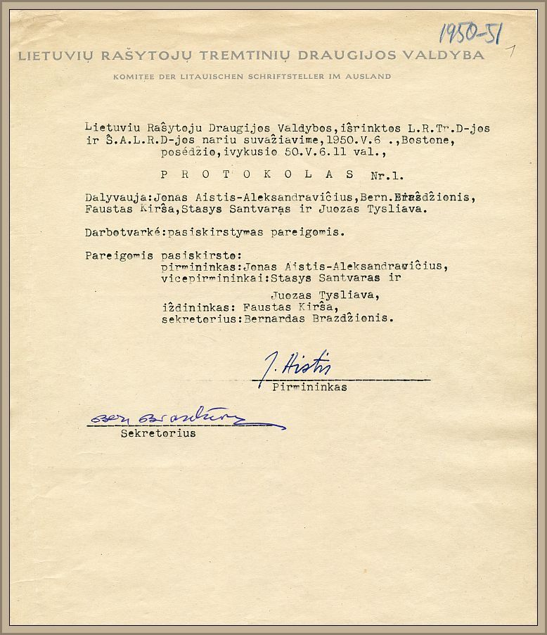 Minutes of the Lithuanian Writers’ Assoc. meeting held in Boston on May 6, 1950. 