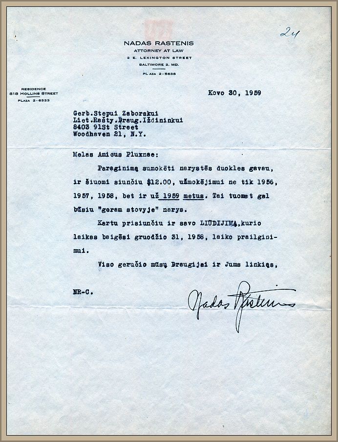 Letter by attorney Nadas Rastenis to the Association’s treasurer Zobarskas, informing him that enclosed sum of $12.00 is payment for past dues for 1956-1958 and for the current year of 1959.