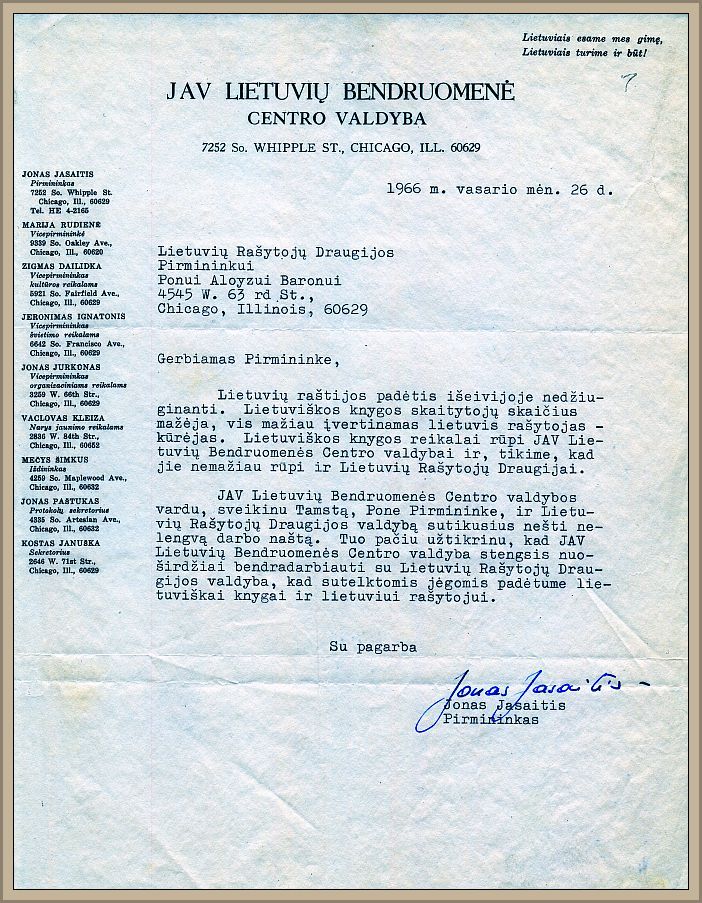 Letter by Jonas Jasaitis, president of the Lithuanian American Community, to the Association’s chairman Baronas, February 26, 1966.