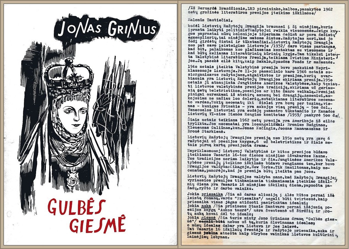 The cover of Grinius’s book, Gulbės giesmė (The Swan Song) (Chicago: Lithuanian Book Club), the winner of the LWA Literature Award of 1962.<br />
Brazdžionis’s speech at the Association’s Literature Award event in LA, February 10, 1963. <br />
