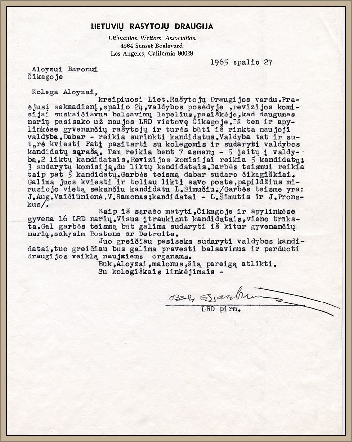 Letter from Brazdžionis to the new chairman, Aloyzas Baronas, October 27, 1965.