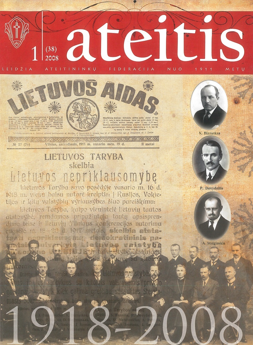 <p><em>Future</em>, No. 1, 2008, dedicated to the 90<sup>th</sup> anniversary of the restoration of Lithuanian statehood. The cover features “Ateitis” organization members who were signataries of the declaration of February 16, 1918.</p>