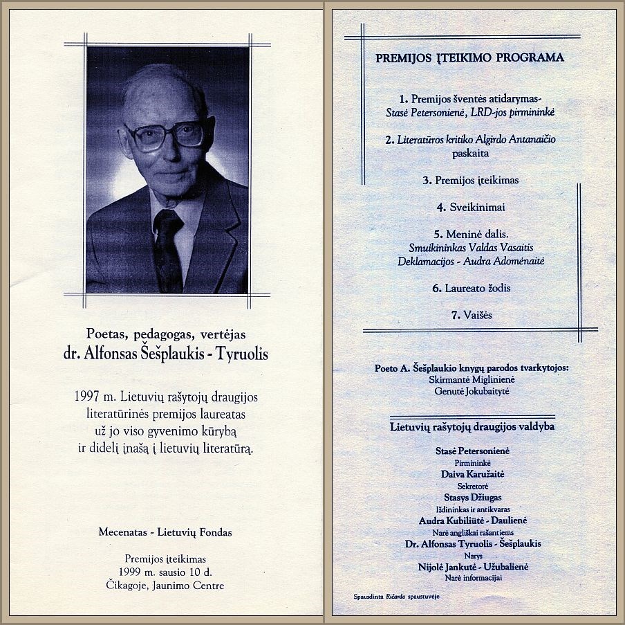 Program of the 1997 Literary Award event – the recipient was Dr. Alfonsas Šešplaukis-Tyruolis.
