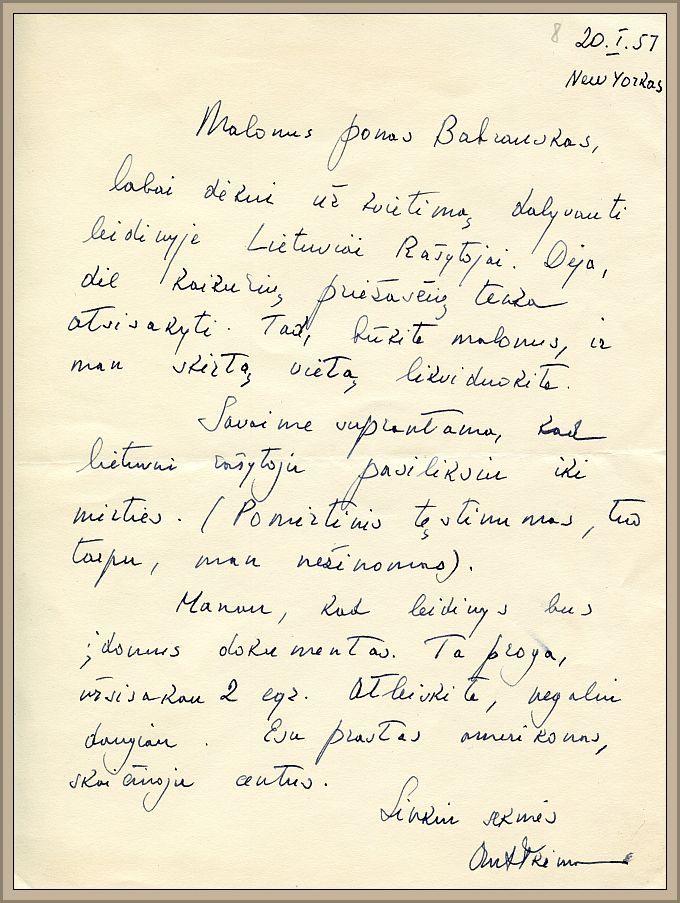 Antanas Trimakas’ letter of January 5, 1957 to Babrauskas. 