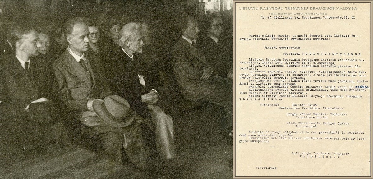 The congratulatory letter to Vydūnas on becoming an honorary member of the LRA.<br />
Vydūnas (third from left) at the first congress of LRA. Photo by Don Šulaitis. <br />
