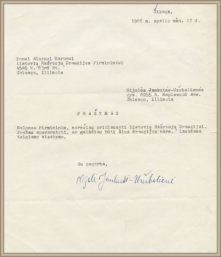 Nijolė Jankutė-Užubalienė’s request to become a member of the Association, October 17, 1966.