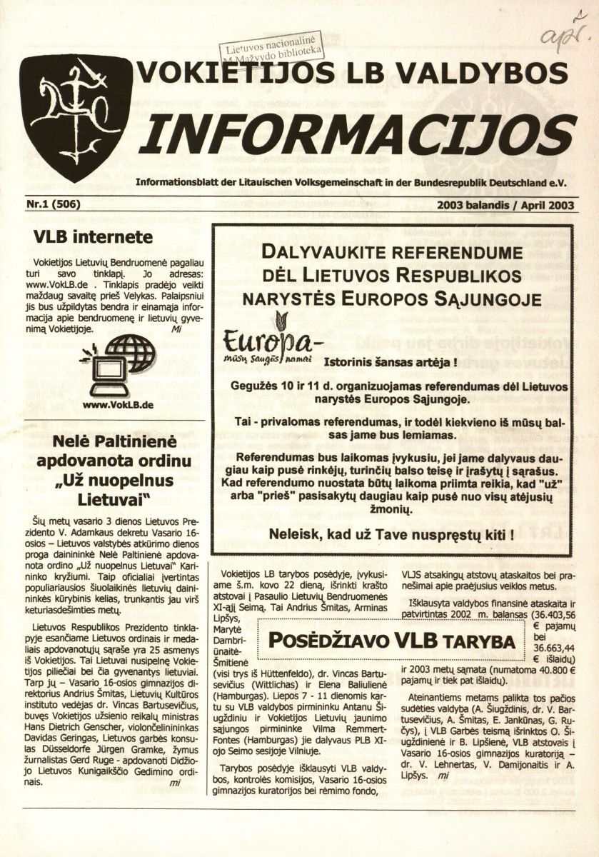Front page of <em>News</em> No. 1, April 2003