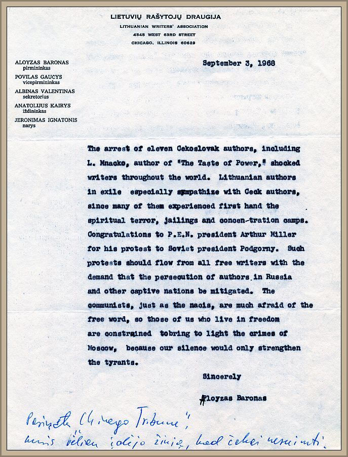 The LWA statement sent to “The Chicago Tribune” regarding the 1968 events in Czechoslovakia.