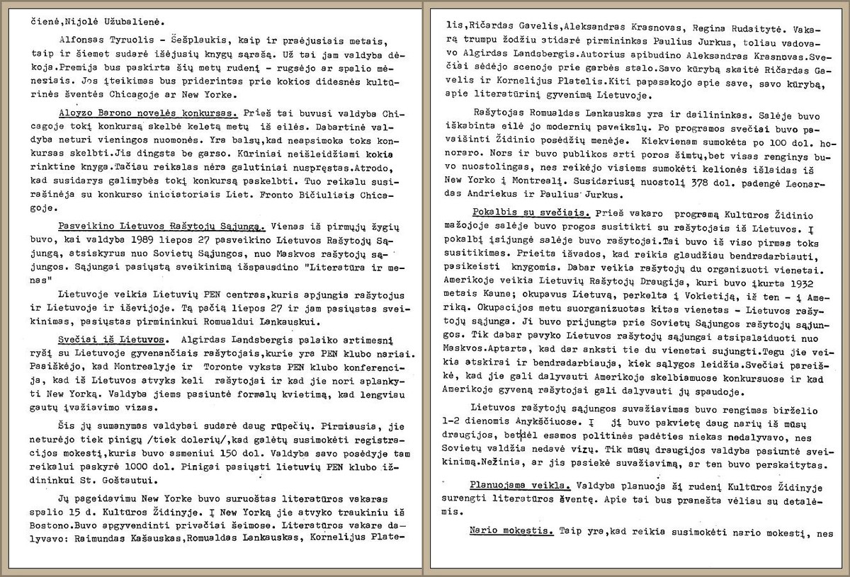 Excerpts from the LWA’s bulletin about the visit of writers from Lithuania in New York, August 15, 1990. 