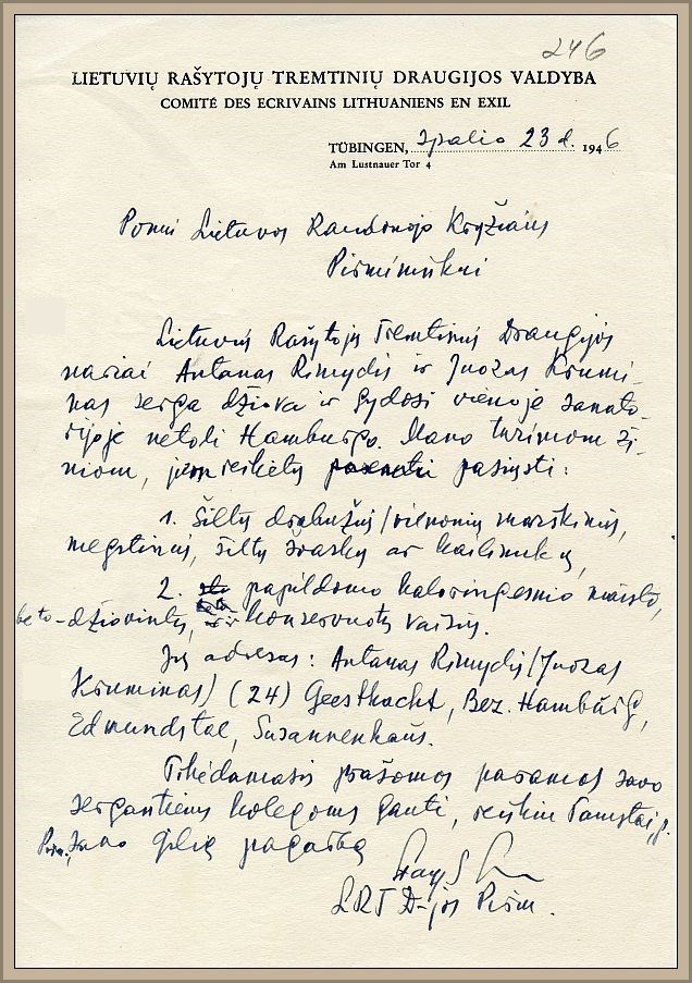 Santvaras’ letter to the president of the Lithuanian Red Cross. 