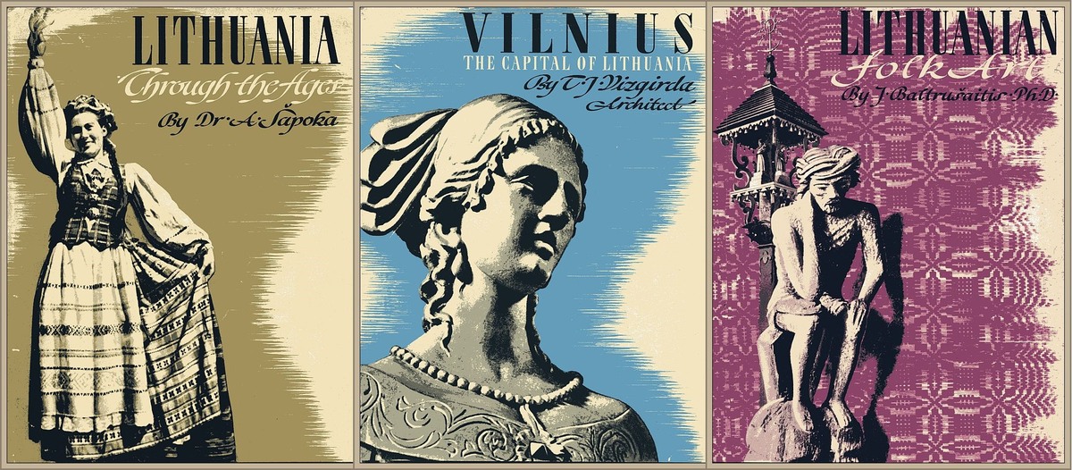 Three exceptional books in English appeared in 1948, Lithuania Through the Ages by A. Šapoka, Vilnius, The Capital of Lithuania by T.J. Vizgirda, and Lithuanian Folk Art by J. Baltrušaitis. All three were part of the series “Lithuania: Country and Nation.” 