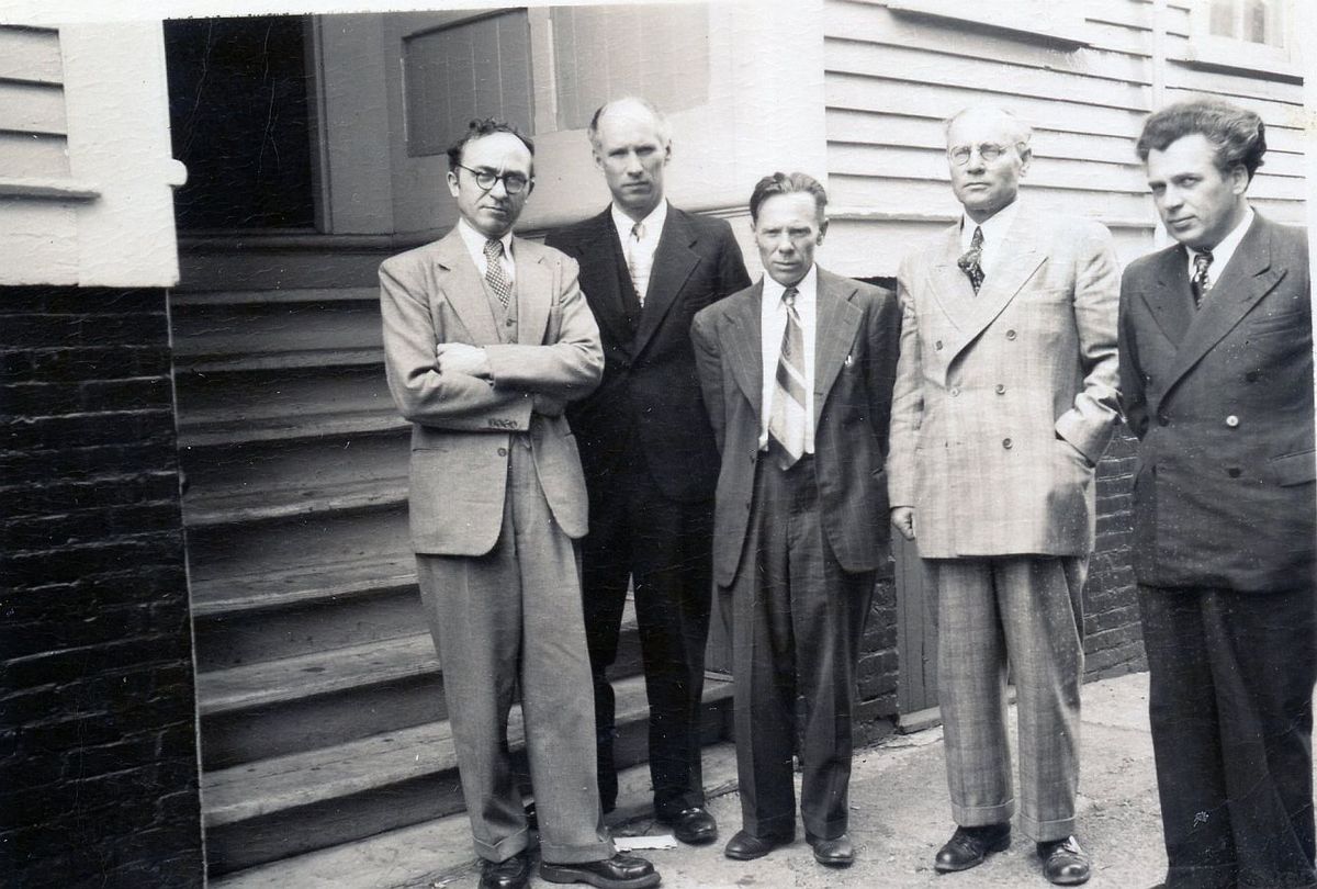 Participants of the second meeting, May 28, 1950. From left: B. Brazdžionis S. Santvaras, J. Aistis, F. Kirša, and A. Gustaitis. 
