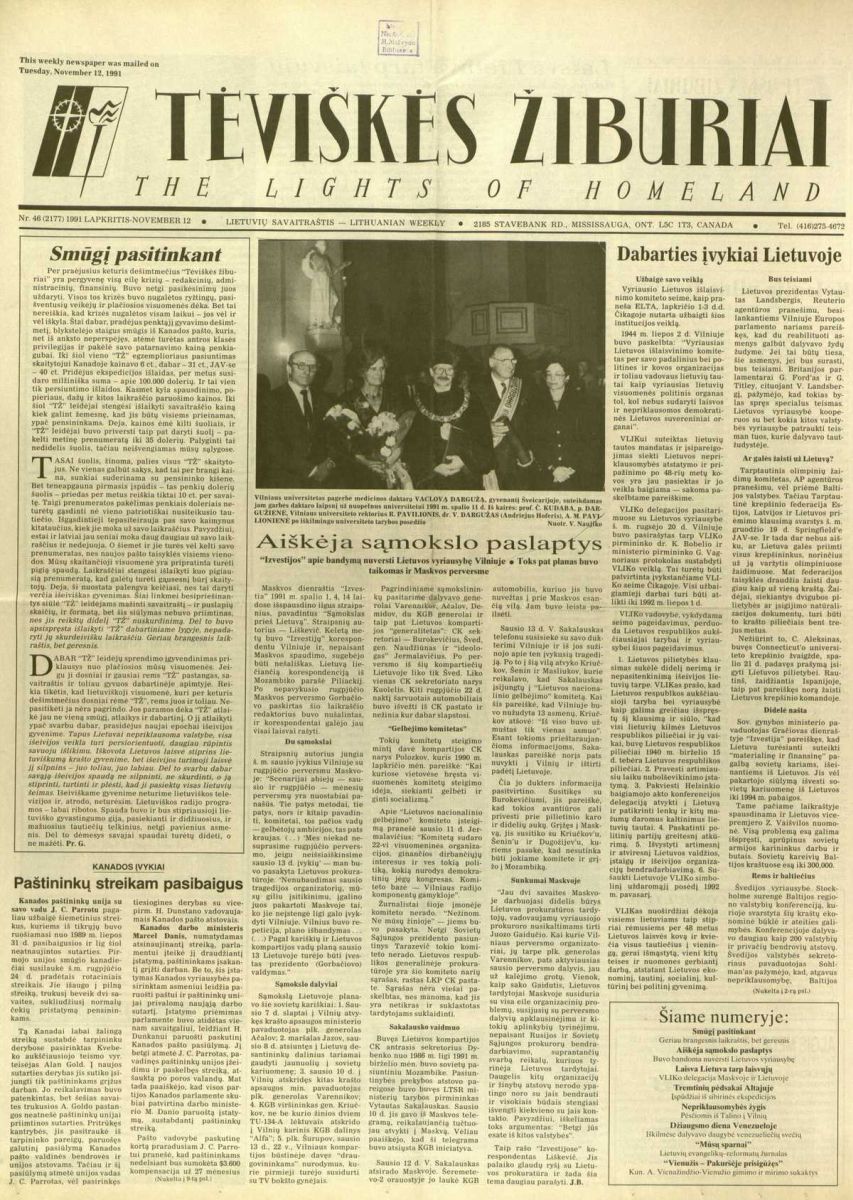 The November 12, 1991, editorial in the <em>Lights of Homeland</em> discusses the status and issues regarding the use of the Lithuanian language in Canada.