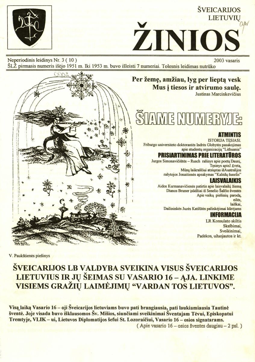 Front page, <em>Swiss Lithuanian News</em>, No. 3, February, 2003