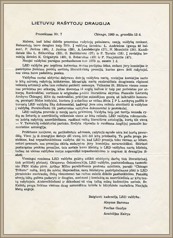 The seventh and final “Bulletin” by Baronas’s board of directors was published on December 13, 1969. 