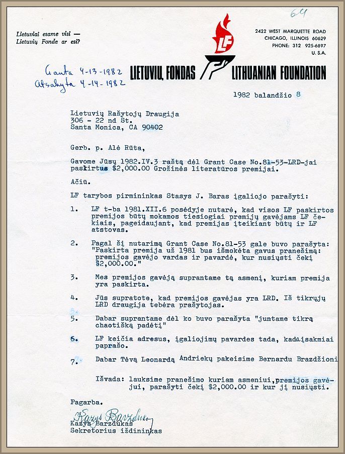 Letter to the LWA Board of Directors from the Lithuanian Foundation's representative, Kazys Barzdukas, regarding the new conditions for the Literary Award, April 8, 1982. 