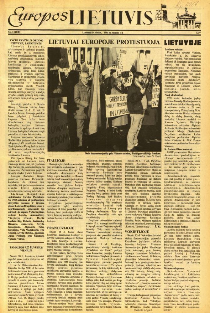 Front page of <em>The European Lithuanian</em>, No. 3, February 1, 1991