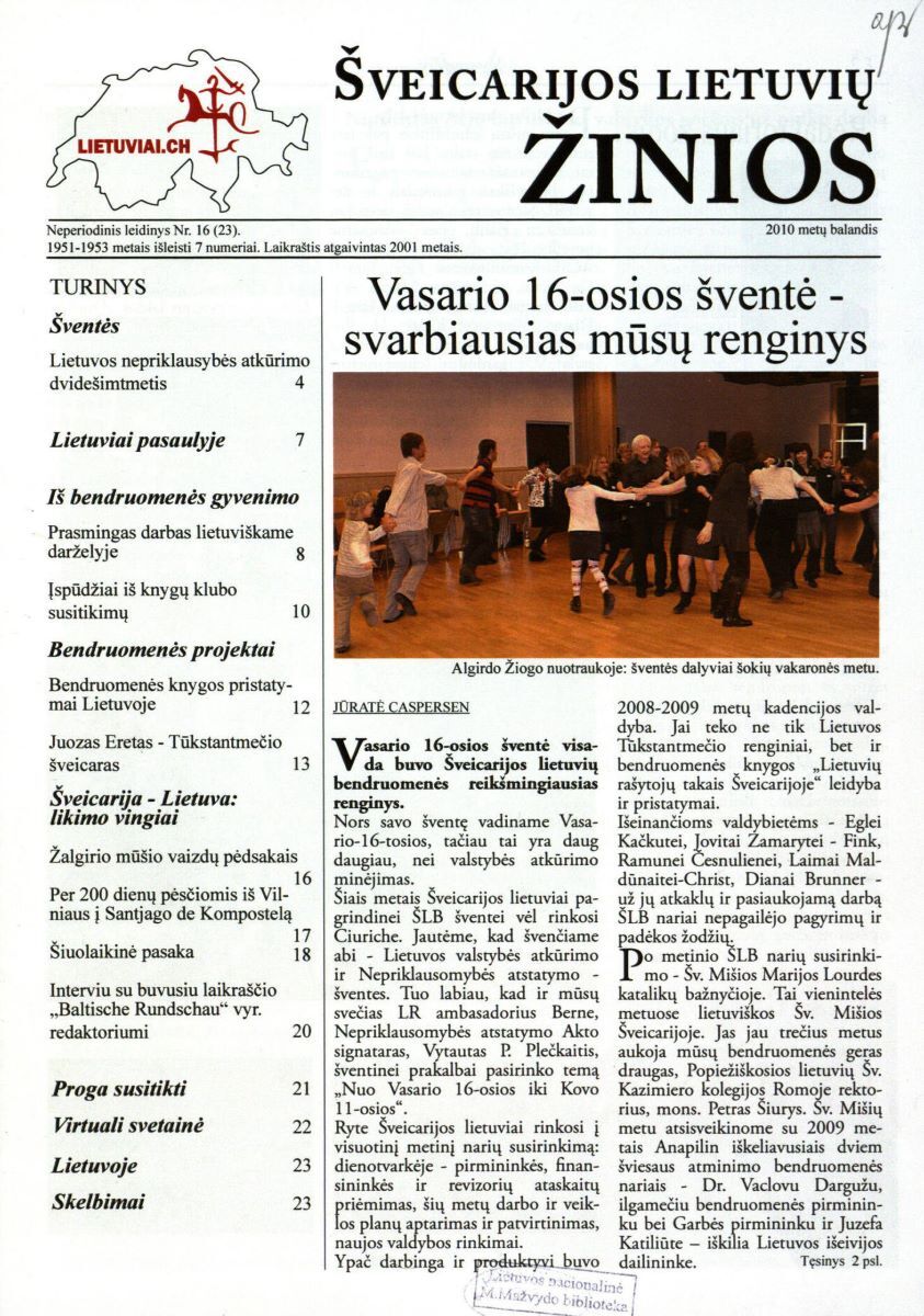 Front page, <em>Swiss Lithuanian News</em>, No. 16, April, 2010