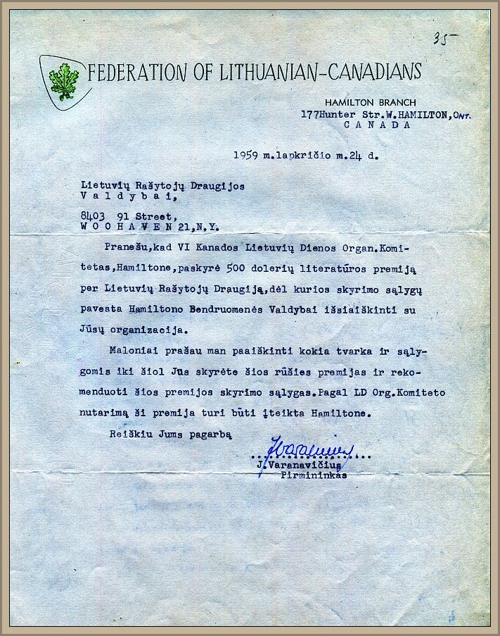 Letter by J. Varanavičius, chairman of the VI Canadian Lithuanian Days Organizing Committee, to the Board of Directors of the LWA, November 24, 1959. 