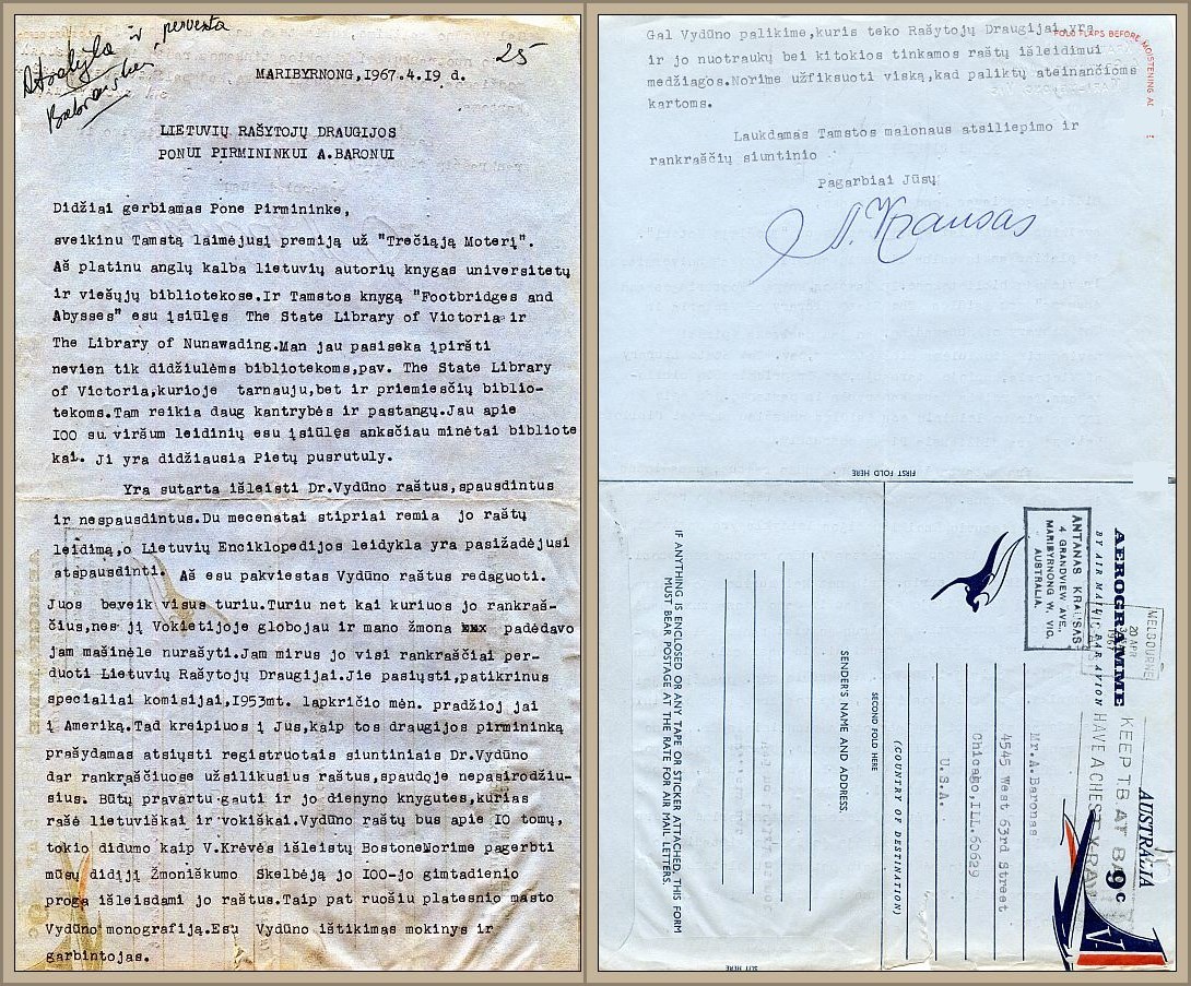 Letter to Baronas from Antanas Krausas, dated April 20, 1967, regarding his plans to edit and publish ten volumes of Vydūnas’s collected works.